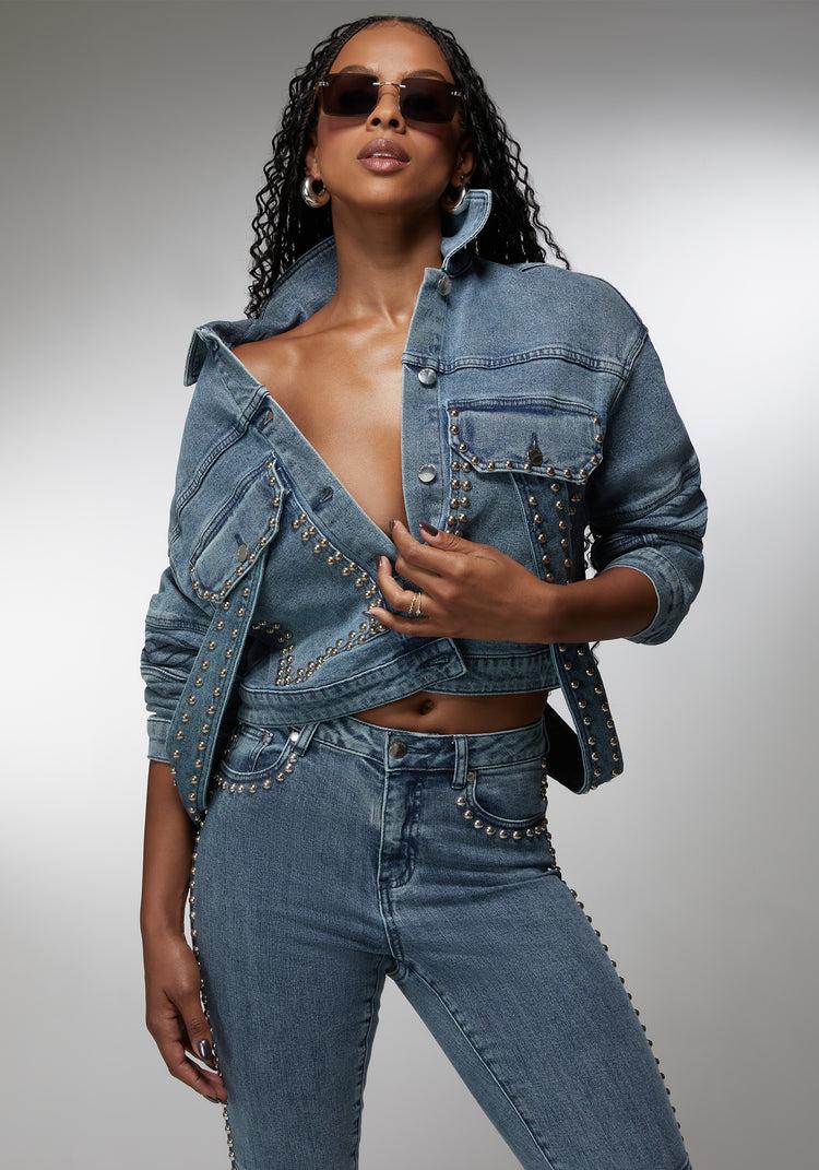 bebe Drop Shoulder Studded Denim Jacket