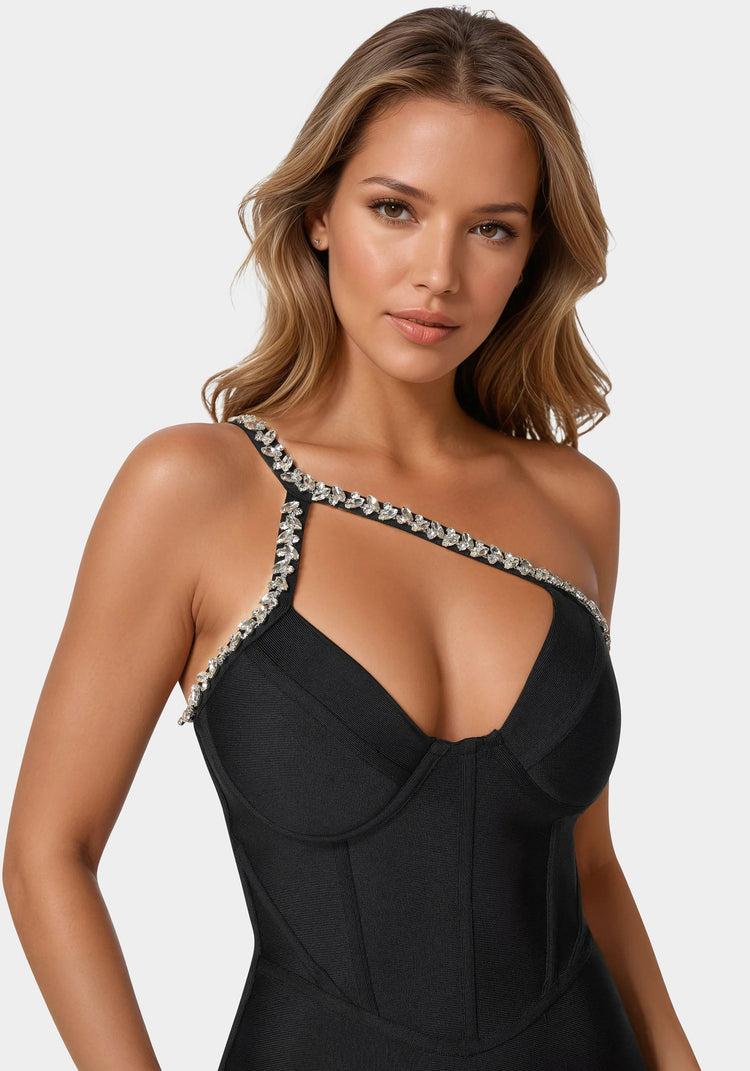 Bebe Embellished Crystal Corset Bandage Dress