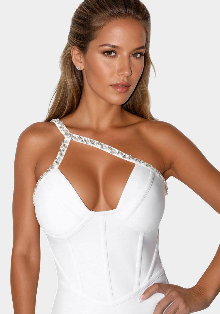 Bebe Embellished Crystal Corset Bandage Dress