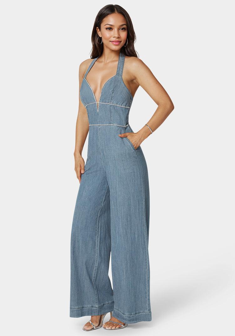Bebe Embellished Wide Leg Halter Denim Jumpsuit