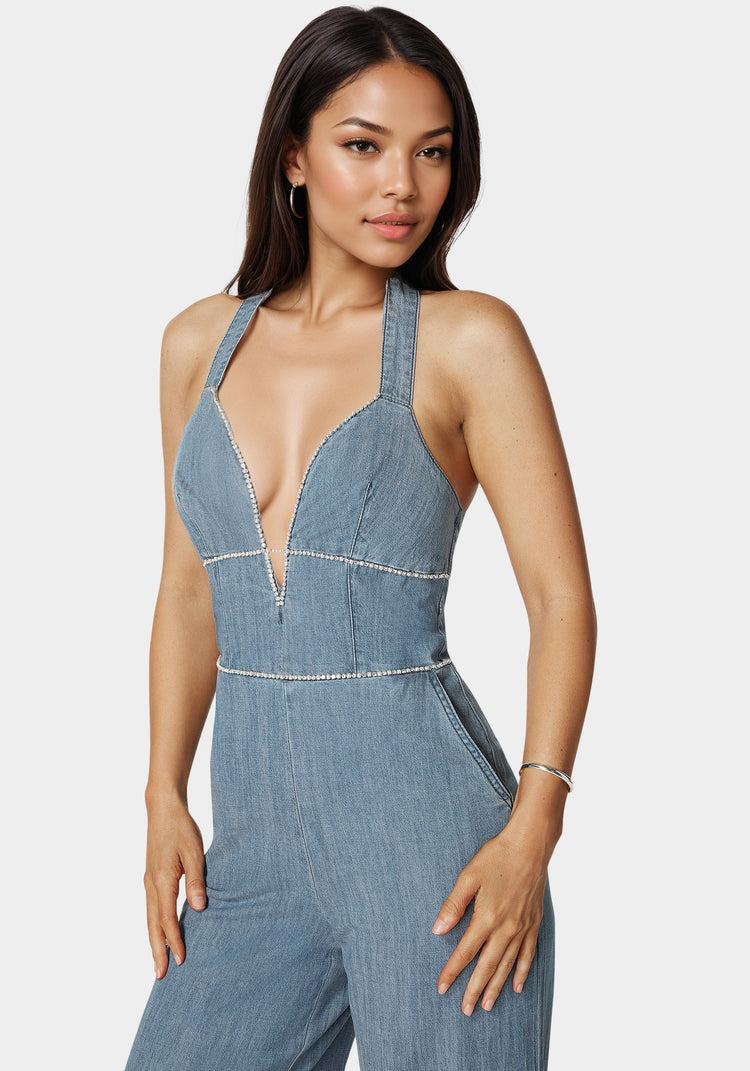 Bebe Embellished Wide Leg Halter Denim Jumpsuit