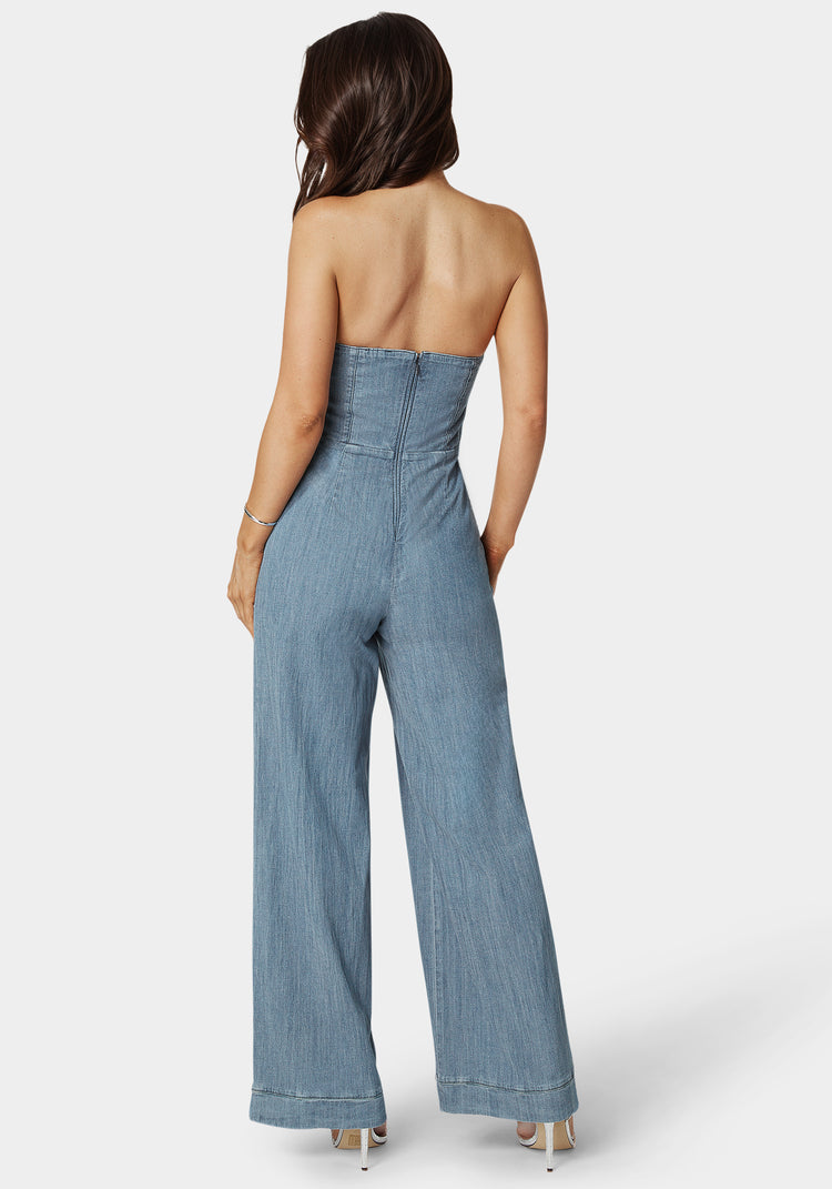 Bebe Embellished Wide Leg Halter Denim Jumpsuit