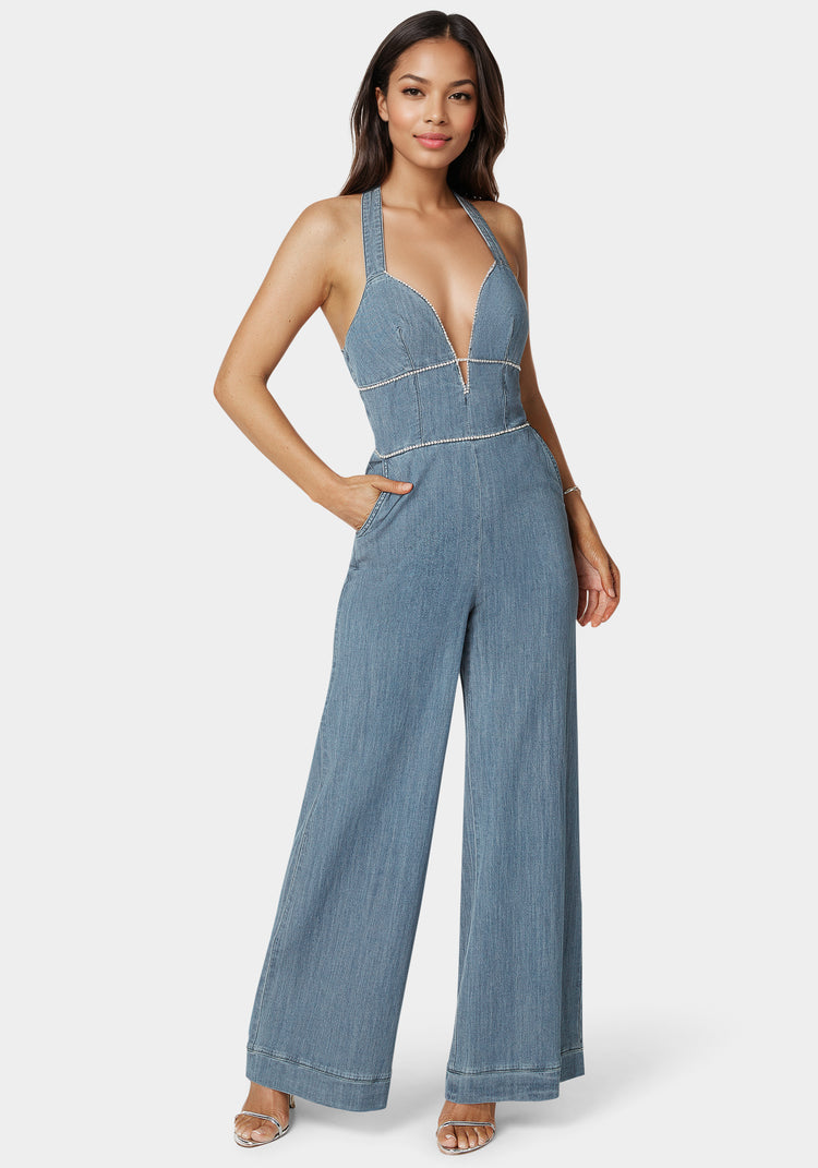 bebe Embellished Wide Leg Halter Denim Jumpsuit