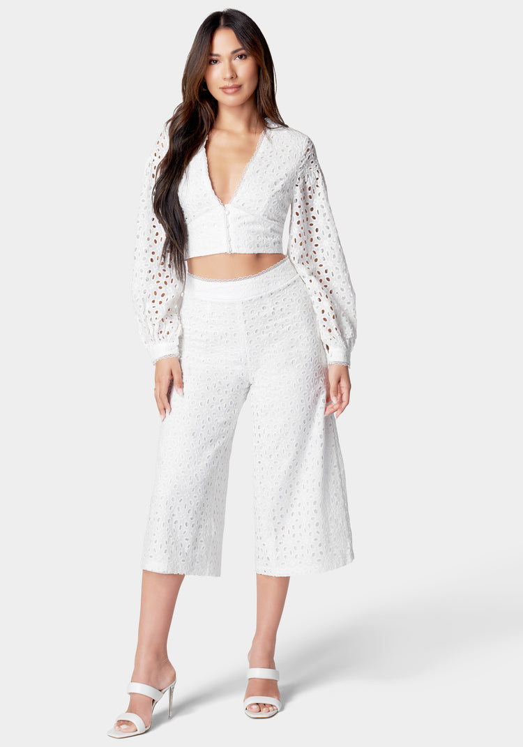 Bebe Eyelet Detail Wide Leg Pant