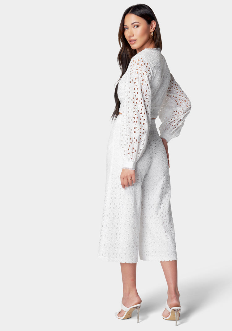 Bebe Eyelet Detail Wide Leg Pant