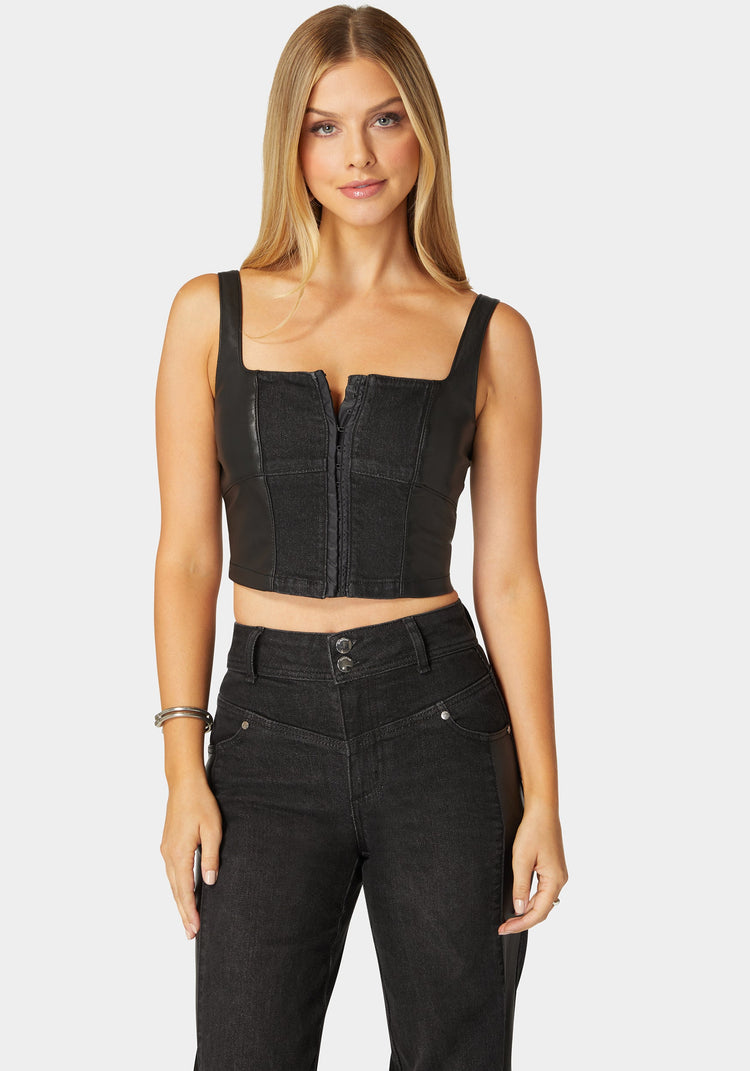 Bebe Eyelet Front Combo Vegan Leather Denim Corset