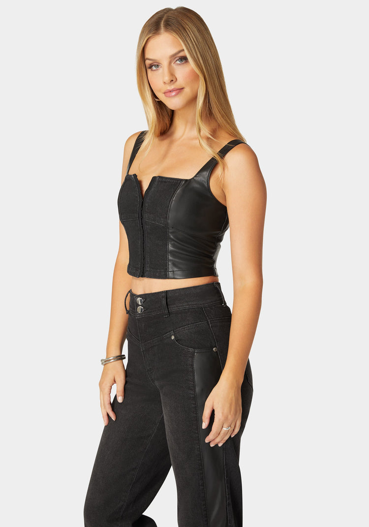 Bebe Eyelet Front Combo Vegan Leather Denim Corset