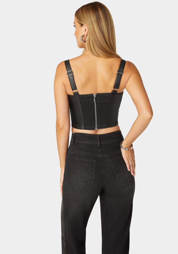 Bebe Eyelet Front Combo Vegan Leather Denim Corset