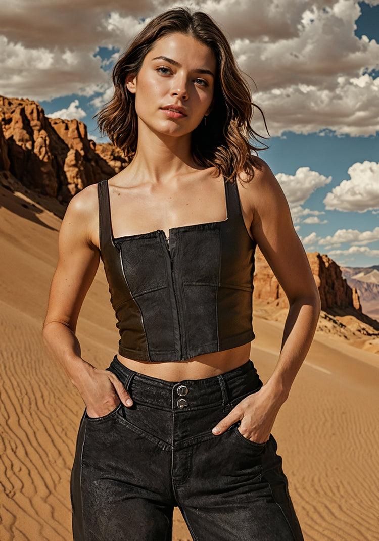 bebe Eyelet Front Combo Vegan Leather Denim Corset
