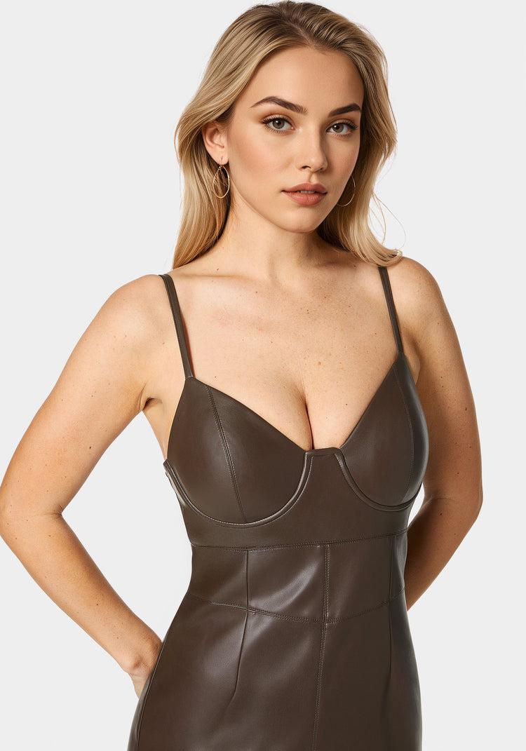 Bebe Faux Leather Bustier Midi Dress