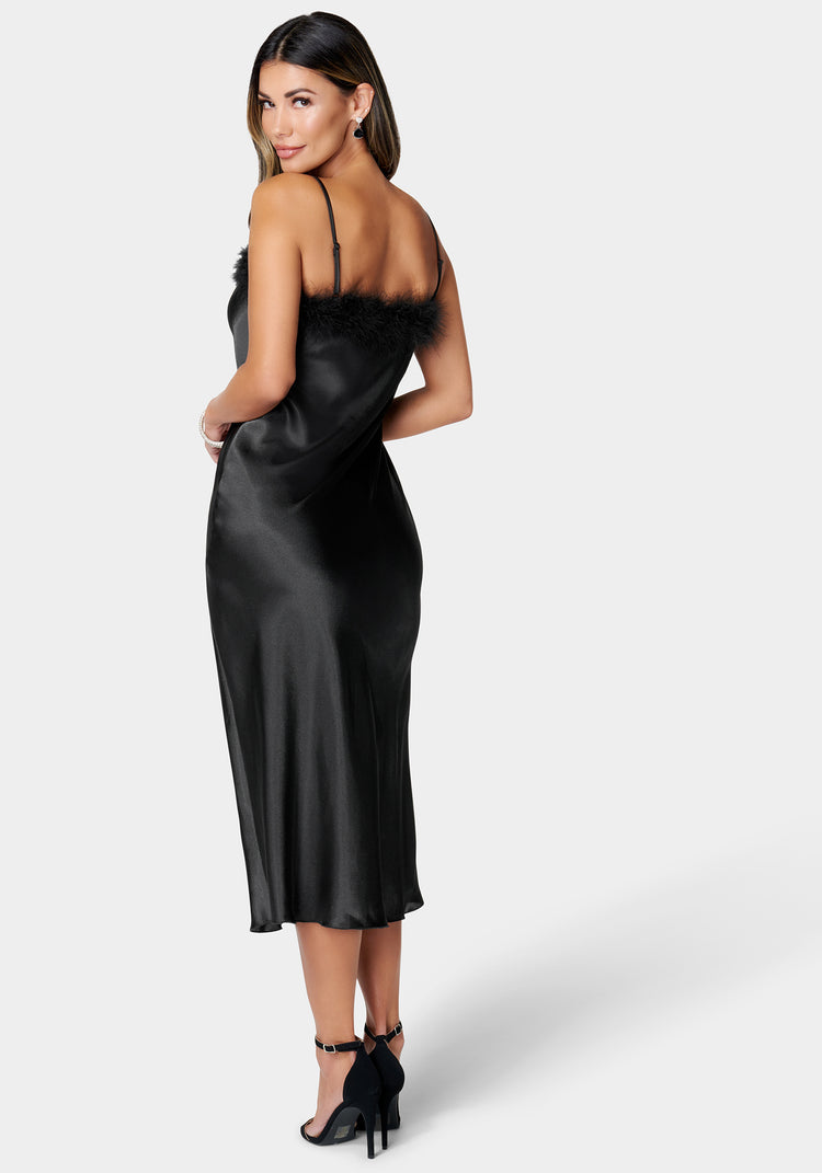 Bebe Feather Satin Slip Dress