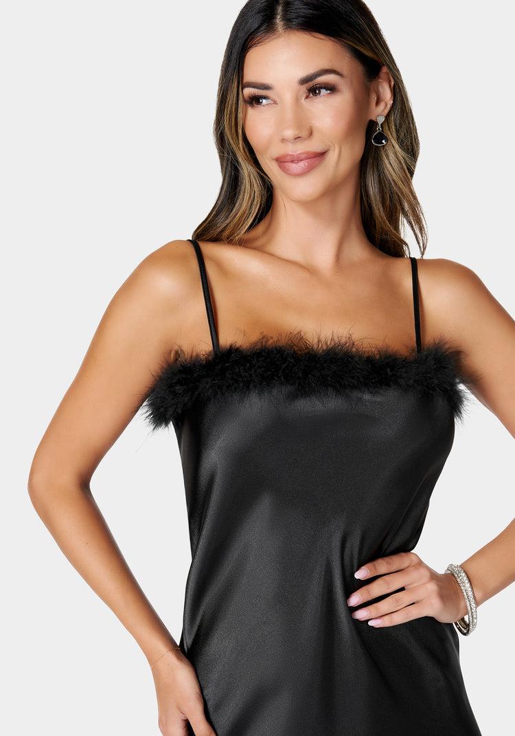 Bebe Feather Satin Slip Dress
