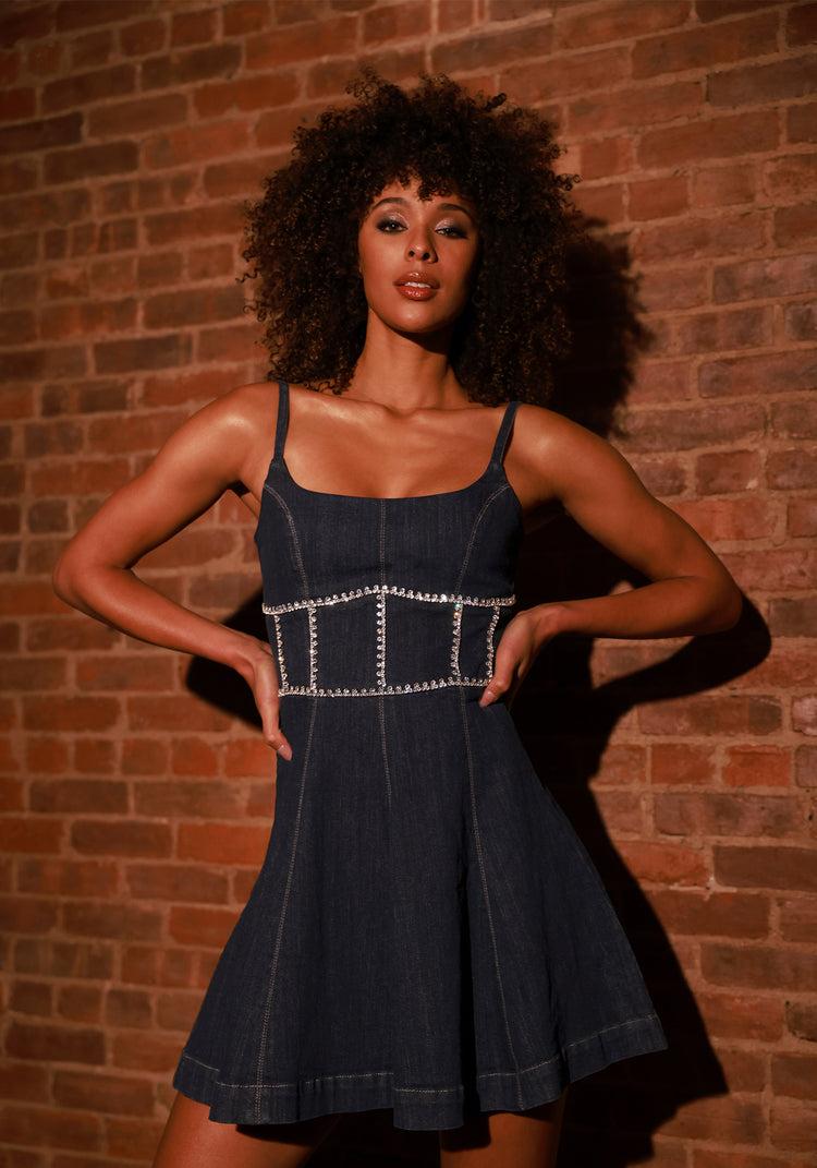 Bebe Bebe Fit & Flare Denim Dress Embellished With Crystals By Swarovski