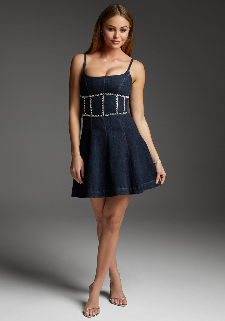 bebe bebe Fit & Flare Denim Dress Embellished With Crystals by Swarovski