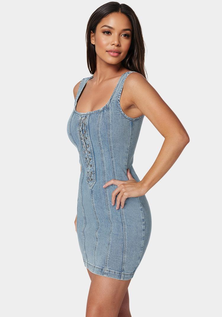 Bebe Fitted Lace Up Denim Dress
