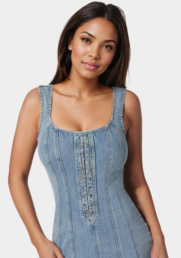 Bebe Fitted Lace Up Denim Dress