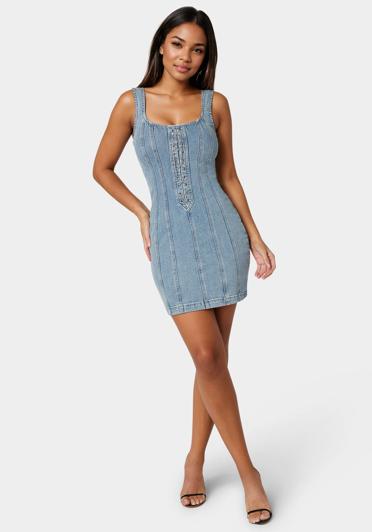 bebe Fitted Lace Up Denim Dress