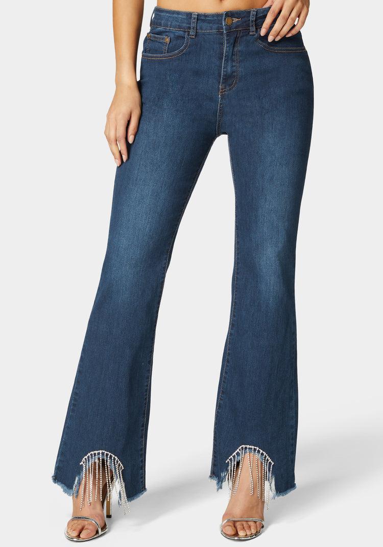 bebe Flare Pant With Rhinestone Fringe