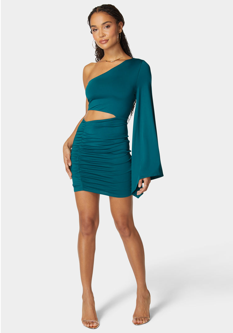 Bebe Flowy One Shoulder Asymmetrical Mini Dress