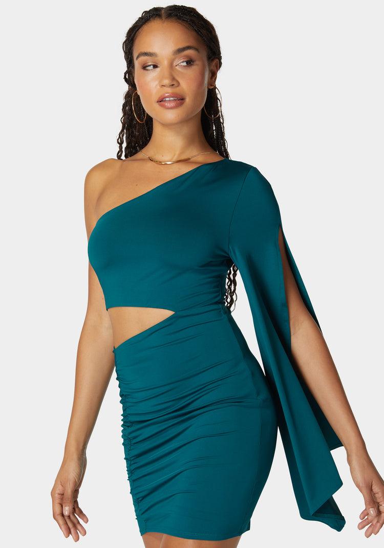 Bebe Flowy One Shoulder Asymmetrical Mini Dress