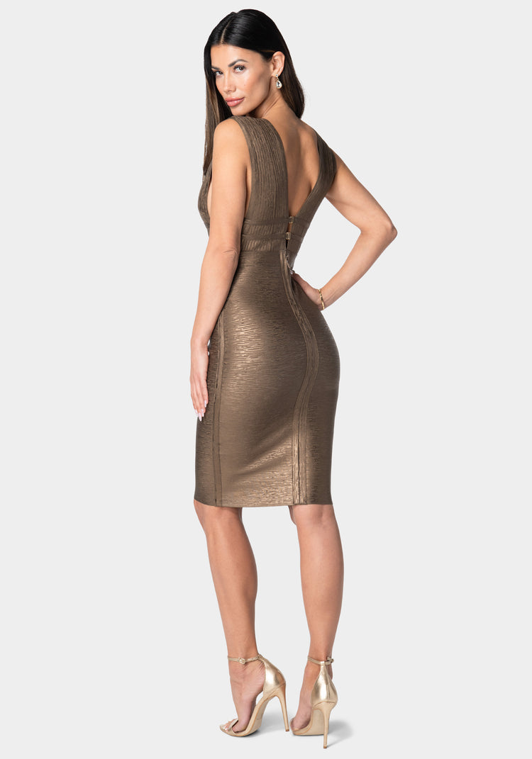 Bebe Foiled Bandage Plunge Neck Midi Dress