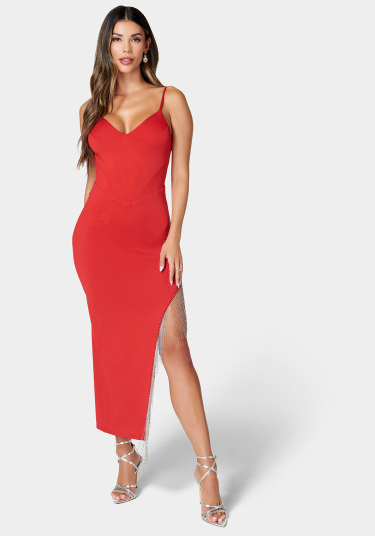 bebe Fringe Detail High Slit Dress