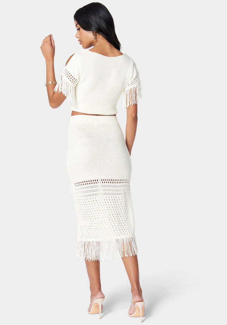 Bebe Fringe Detail Slit Front Sweater Skirt
