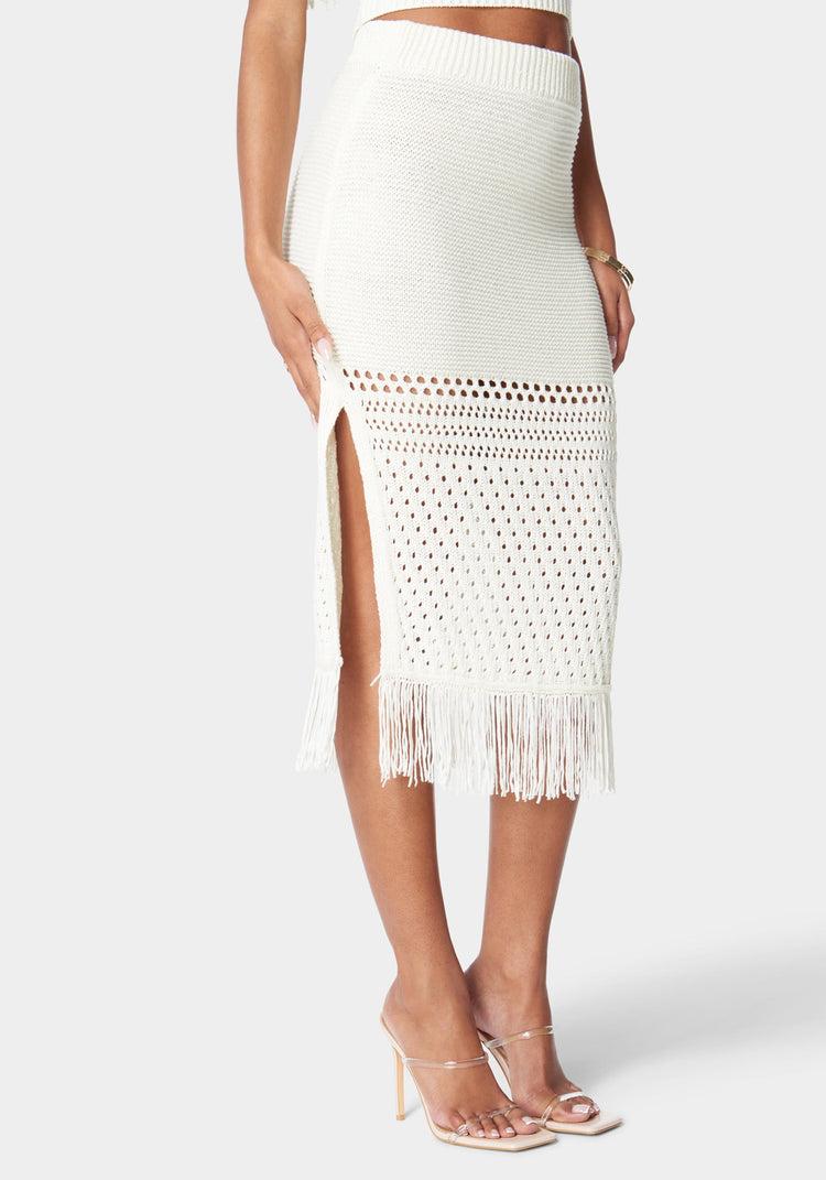 bebe Fringe Detail Slit Front Sweater Skirt