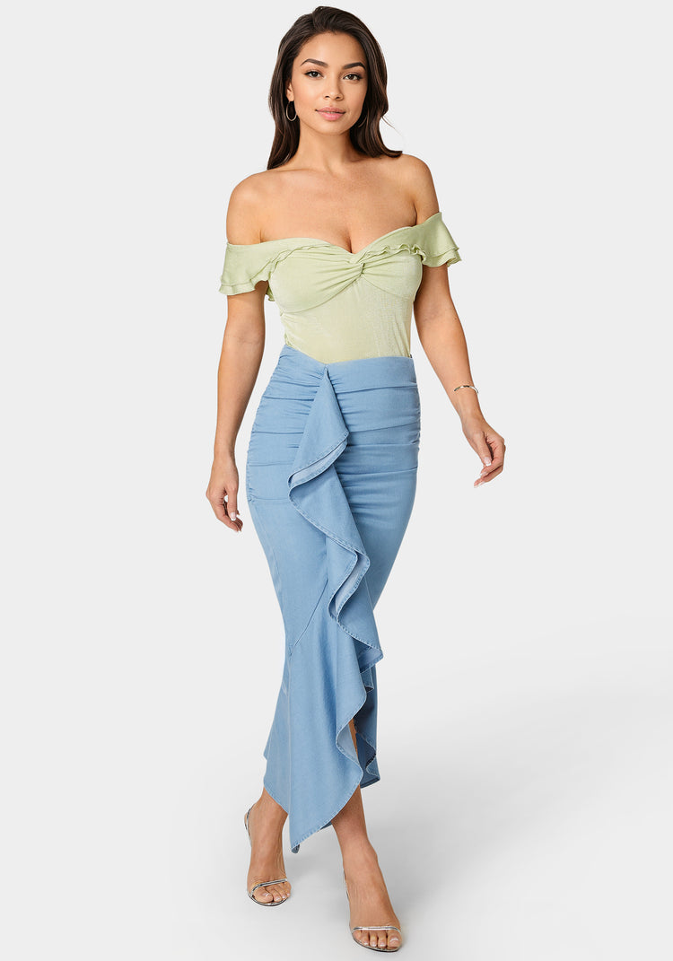 Bebe Front Cascade Tencel Midi Skirt