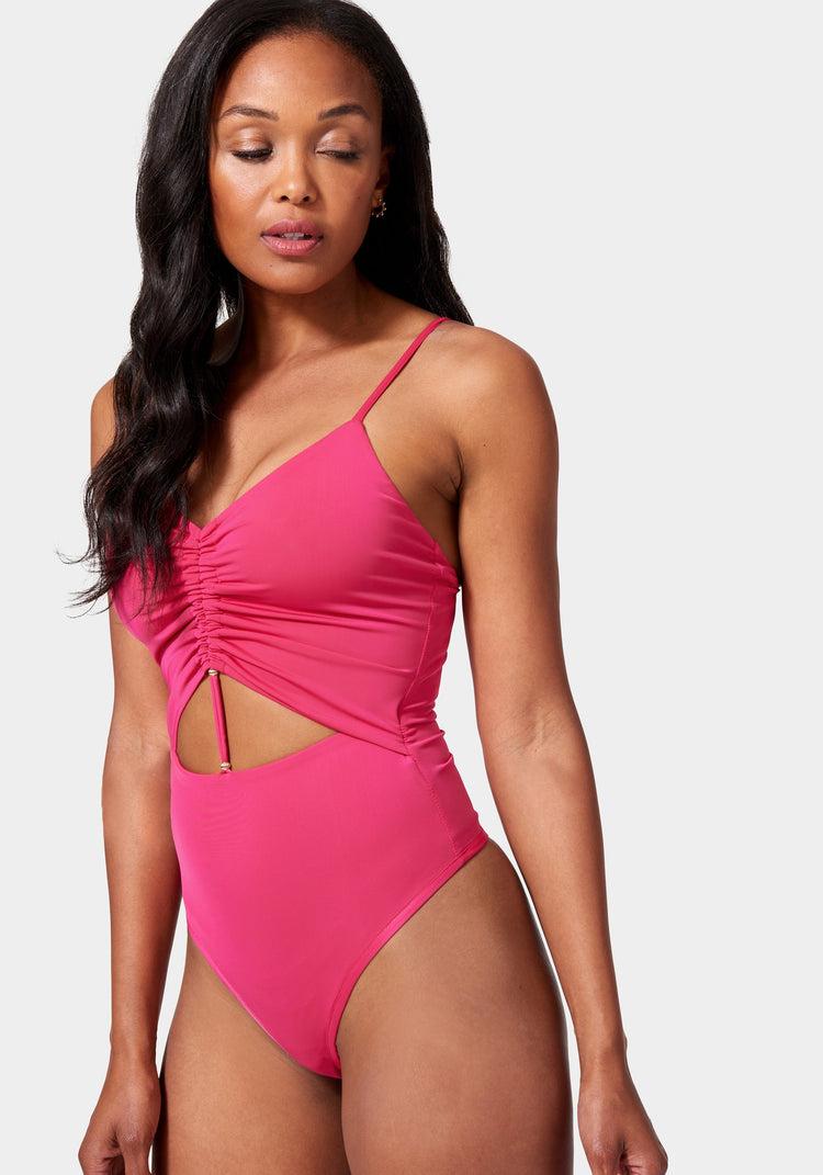 Bebe Front Keyhole Ruched Knit Bodysuit
