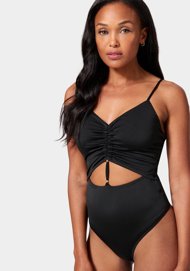 Bebe Front Keyhole Ruched Knit Bodysuit