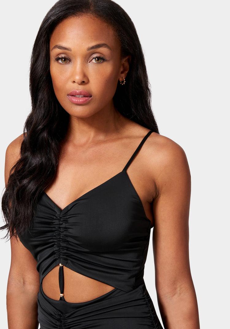 Bebe Front Keyhole Ruched Knit Bodysuit