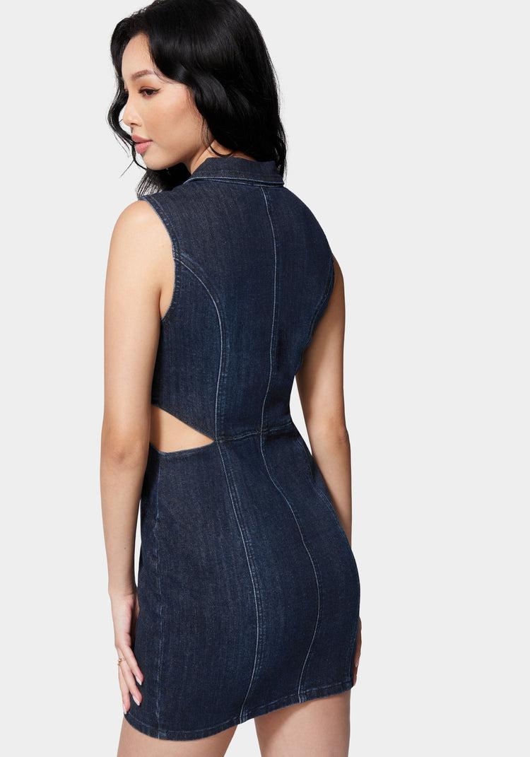 Bebe Front Zip Side Cut Out Denim Dress