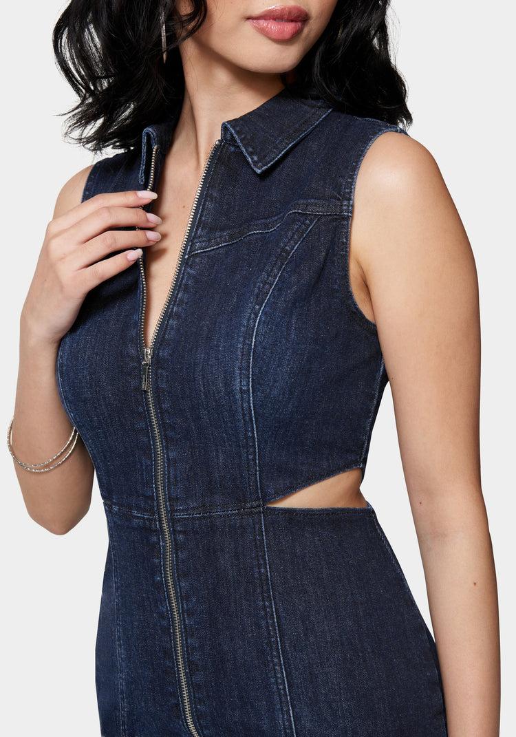 Bebe Front Zip Side Cut Out Denim Dress