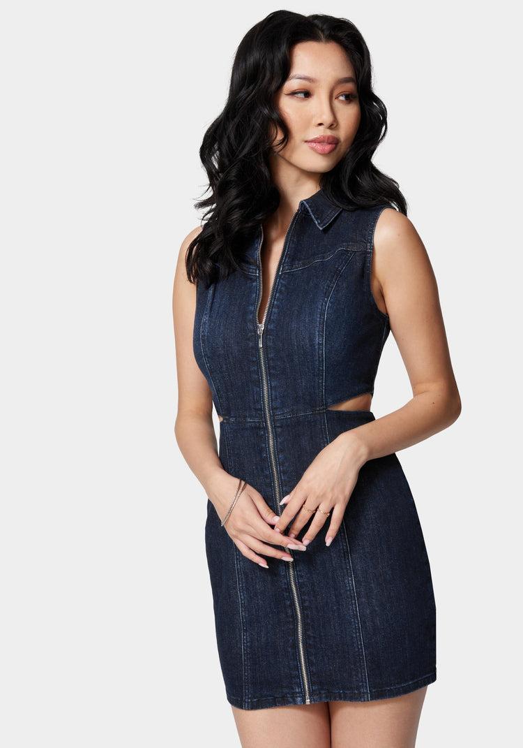 bebe Front Zip Side Cut Out Denim Dress