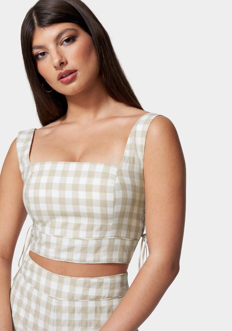 Bebe Gingham Cropped Lace Up Detail Top