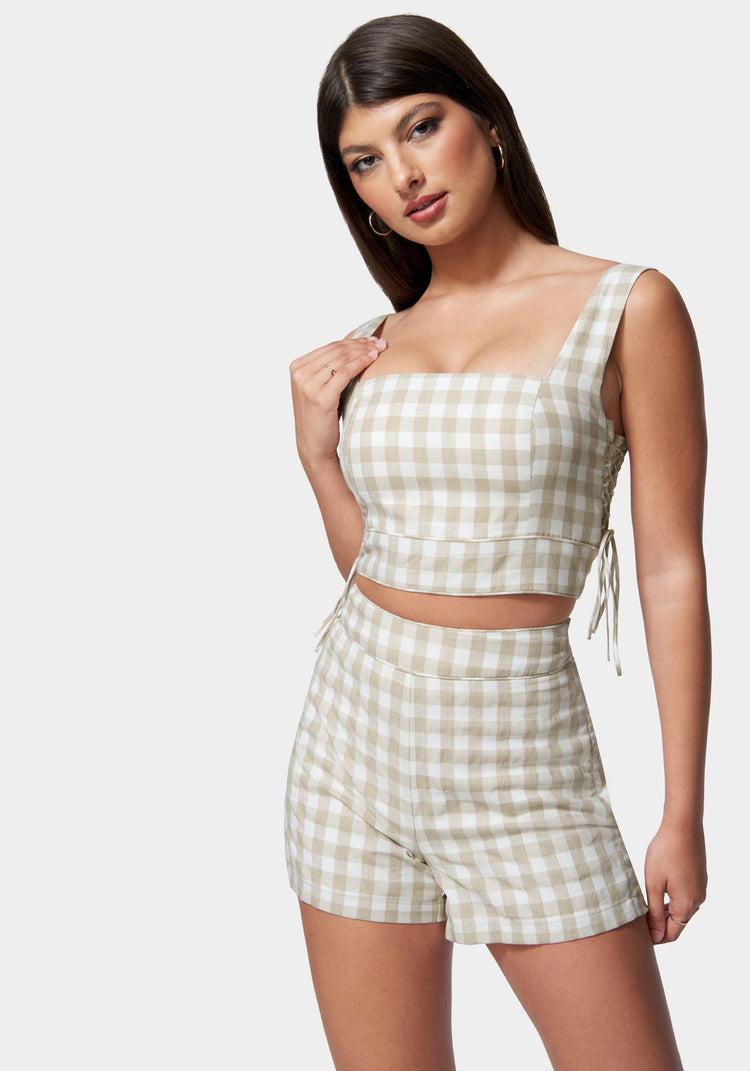 bebe Gingham Cropped Lace Up Detail Top
