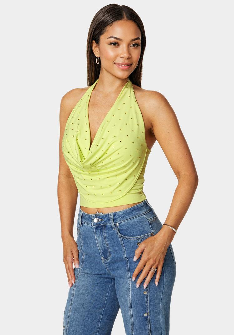 Bebe Halter Drape Embellished Top