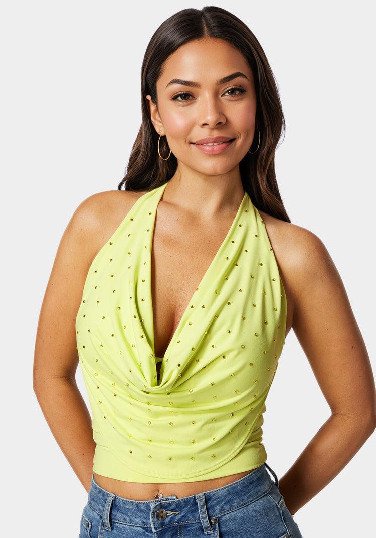 Bebe Halter Drape Embellished Top