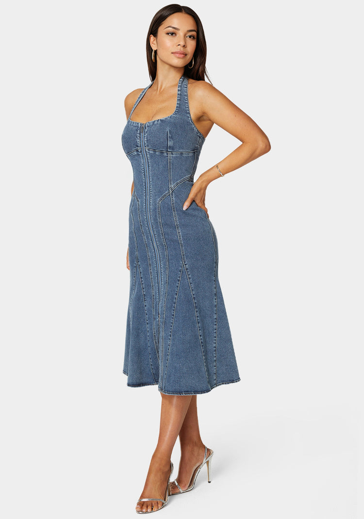 Bebe Halter Front Zipper Midi Denim Dress