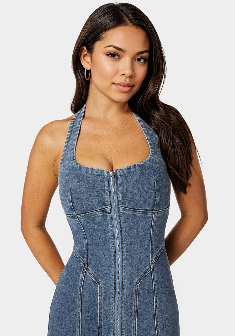 Bebe Halter Front Zipper Midi Denim Dress