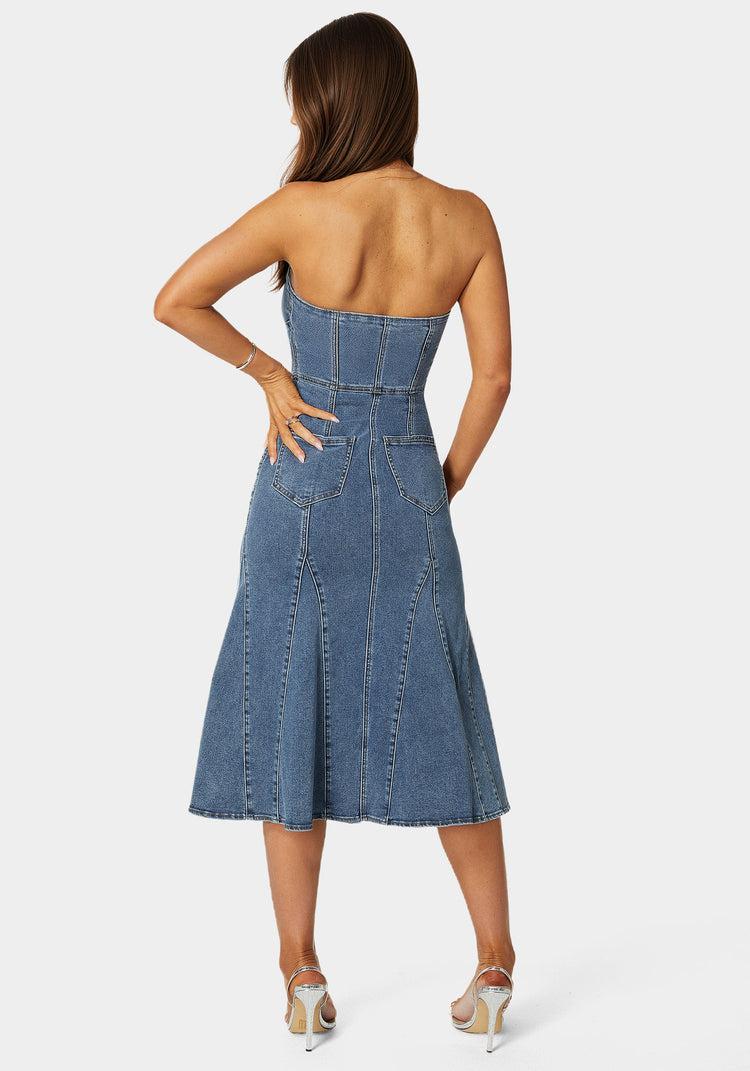Bebe Halter Front Zipper Midi Denim Dress