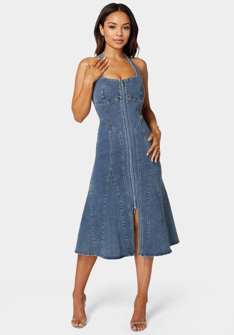bebe Halter Front Zipper Midi Denim Dress