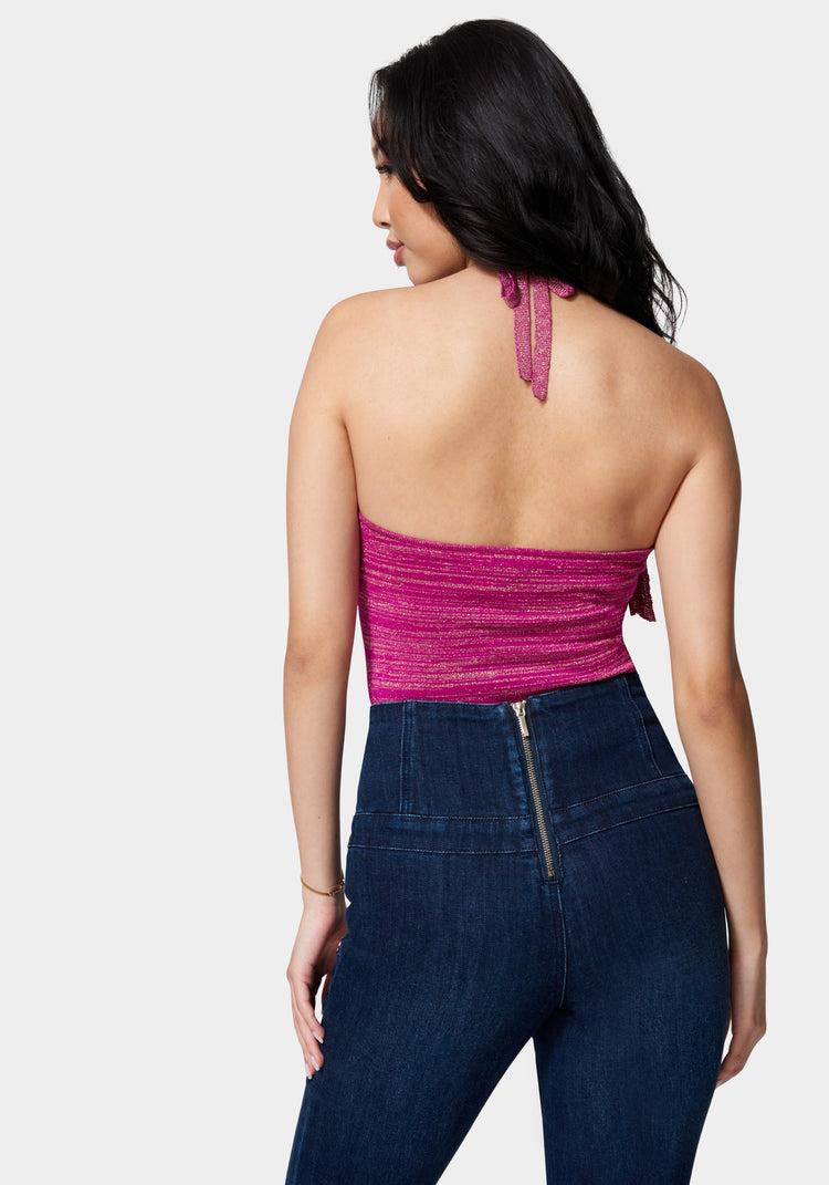 Bebe Halter Lurex Sweater Ruffle Top