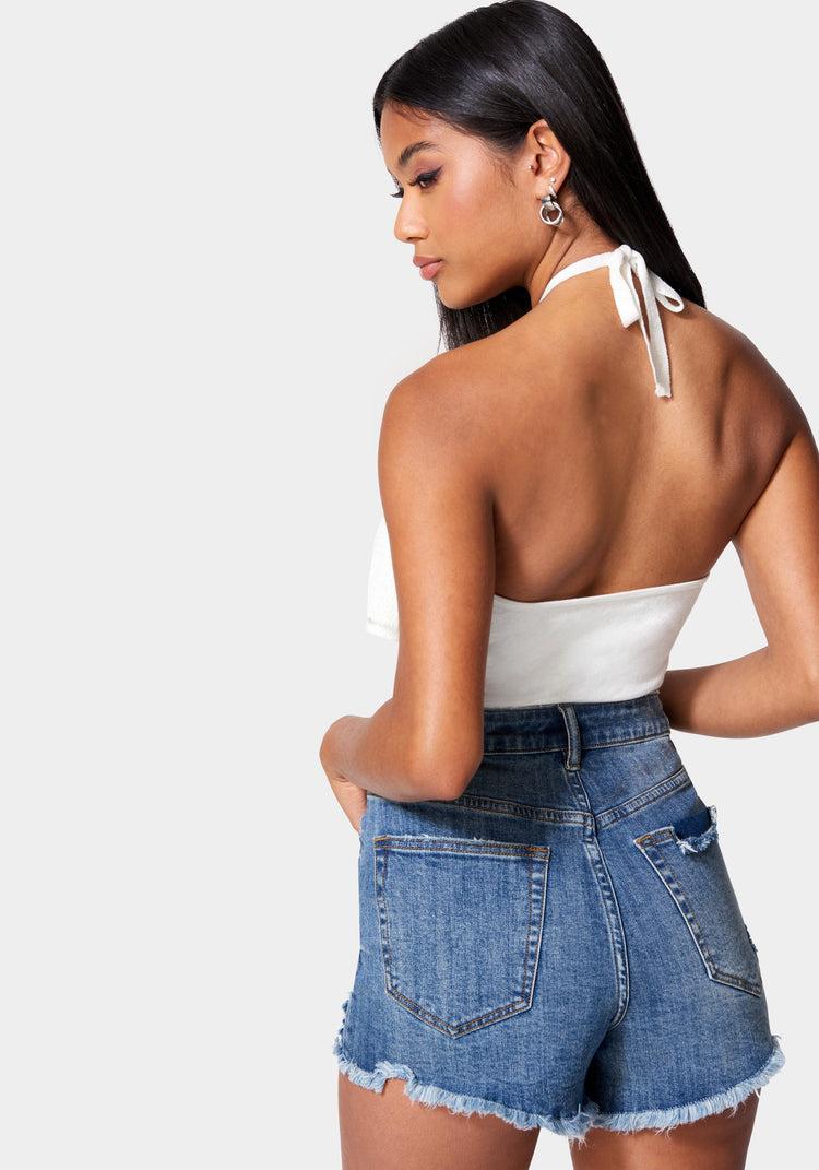 Bebe Halter Lurex Sweater Ruffle Top