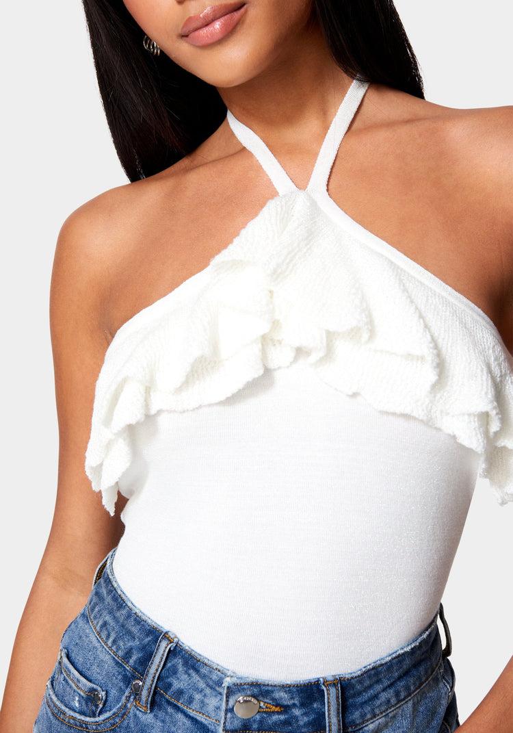 Bebe Halter Lurex Sweater Ruffle Top