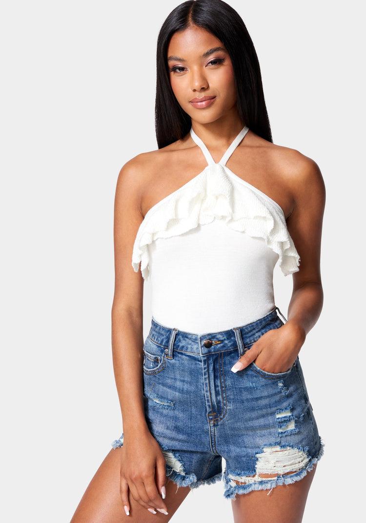bebe Halter Lurex Sweater Ruffle Top