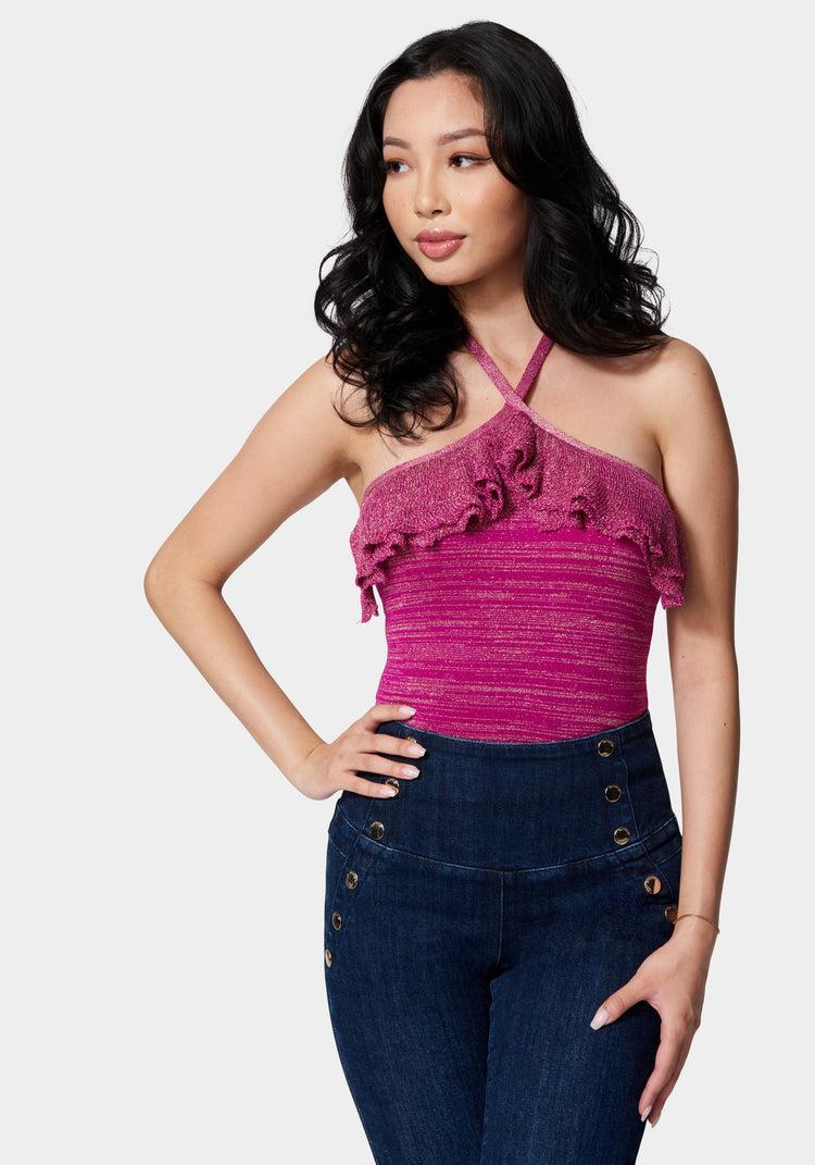 bebe Halter Lurex Sweater Ruffle Top