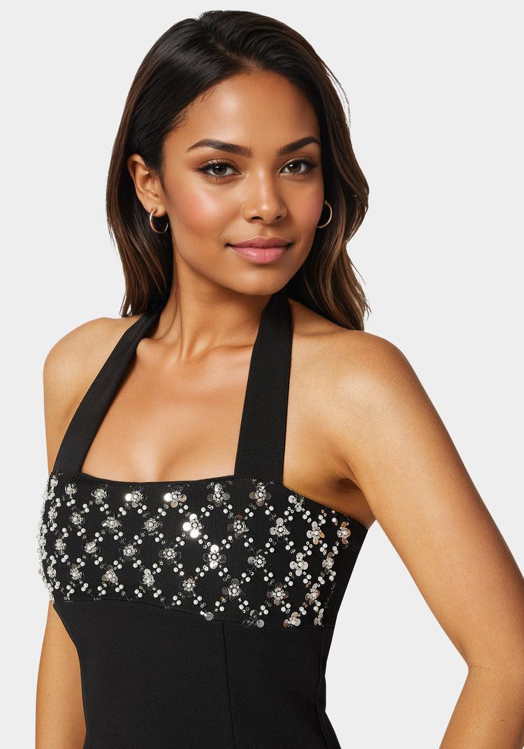 Bebe Halter Neck Bead Sequin Top