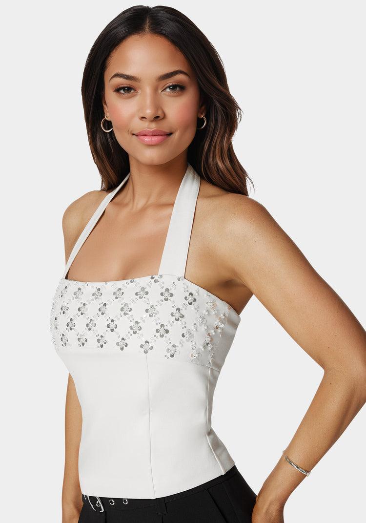 Bebe Halter Neck Bead Sequin Top